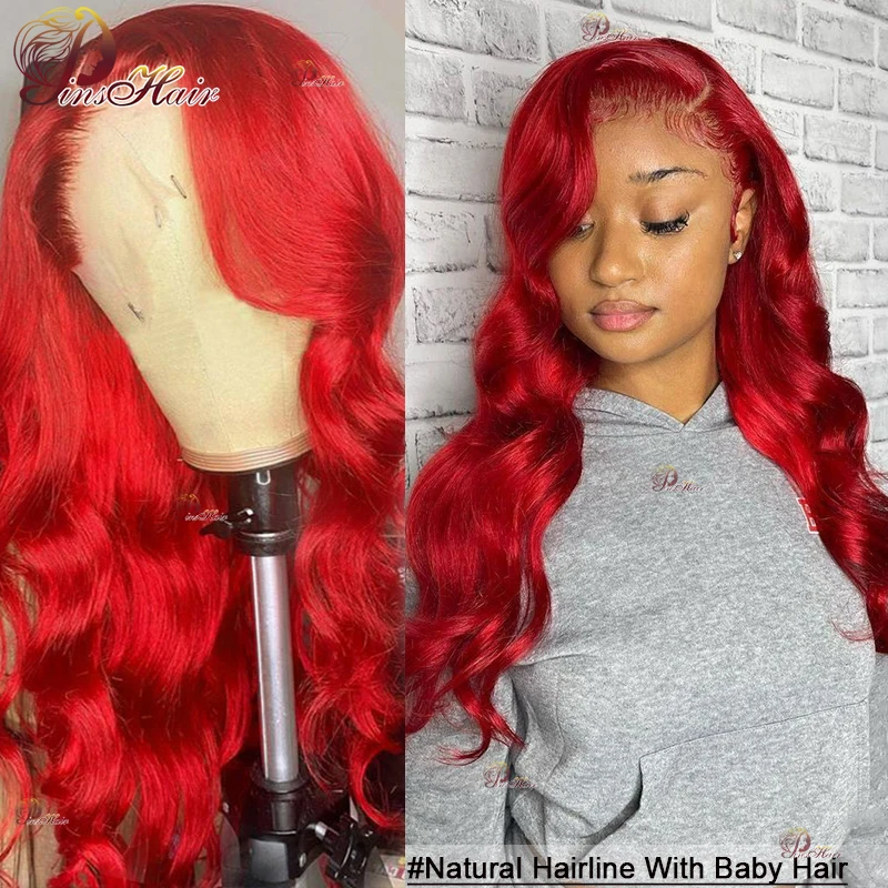 Pinshair Hot Red Body Wave 13X4 Human Hair Lace Front Wigs Transparent Lace Frontal Hair Wigs Remy Pre Pluck For Women Brazilian