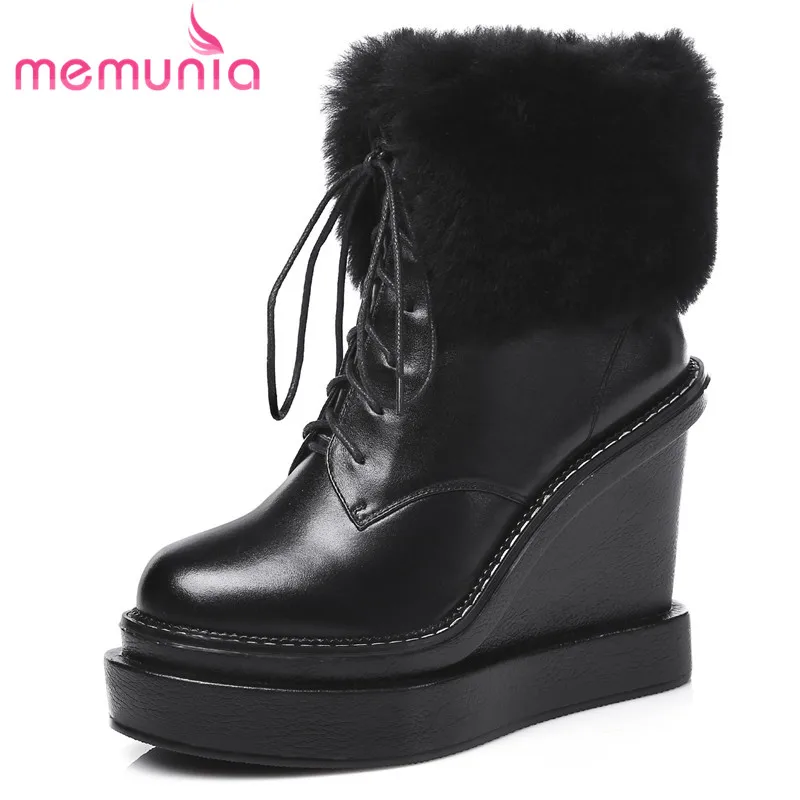 

MEMUNIA 2023 New Ladies Ankle Boots Platform Lace Up Genuine Leather Women Boots Winter Wedges High Heels Shoes