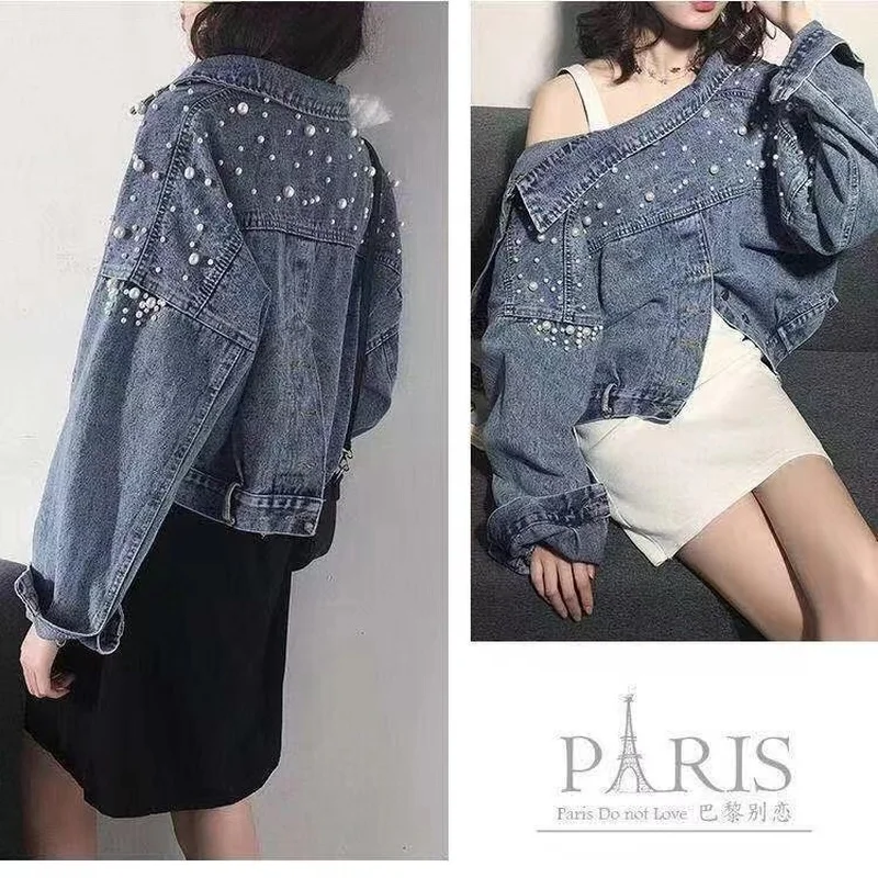 Cheap Wholesale New Autumn Winter Fashion Casual Denim Jacket Loose Short Denim Jackets with Pearl Bat Sleeve Long Sleeves Coats images - 6