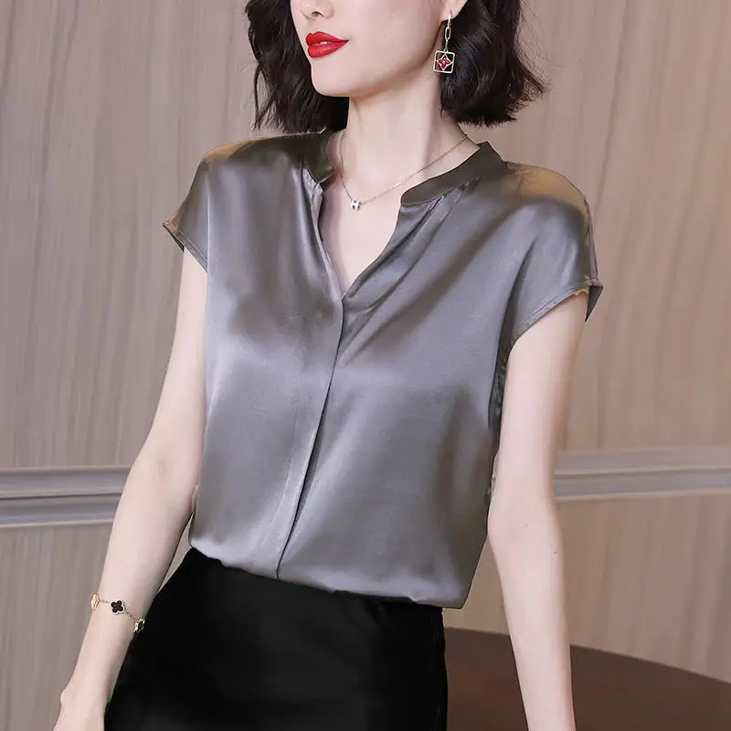 Elegant V-Neck Button All-match Solid Color Shirt Women's Clothing 2023 Summer New Casual Tops Loose Office Lady Tops