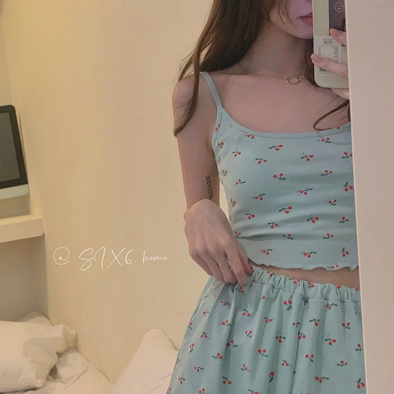 

QWEEK Summer Women's Pajama Set Sexy Grey Floral Sleeveless Camisole+Shorts Set Ladies Girl's Sleepwear Home Wear Pijamas