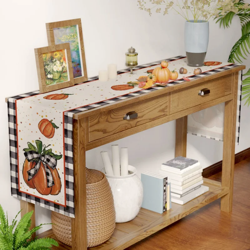 Осенняя льняная настольная дорожка в черно-белую клетку с тыквой украшение для