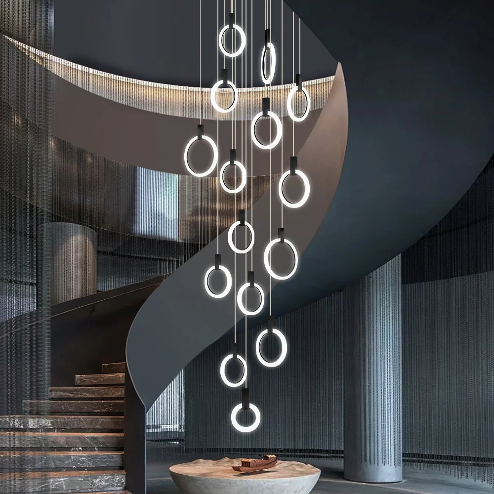 

Modern Stairs Ceiling Chandelier Black/Golden Al indoor LED Lighting Acrylic Ring Home decor Lamps Nordic Parlor Hanging lights