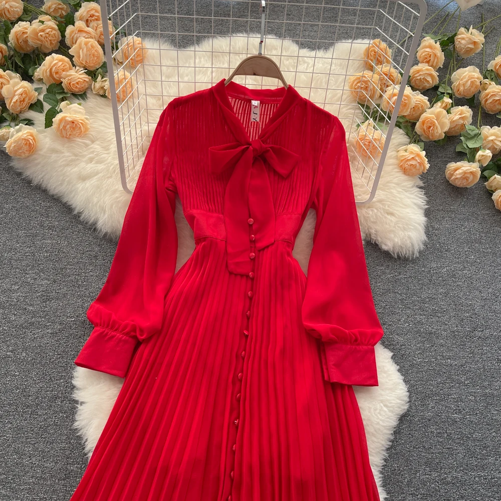 

Autumn Red Pleated Dress Women Vintage Scarf Collar Puff Sleeve High Waist Draped Vestidos Female Midi Robe 2022