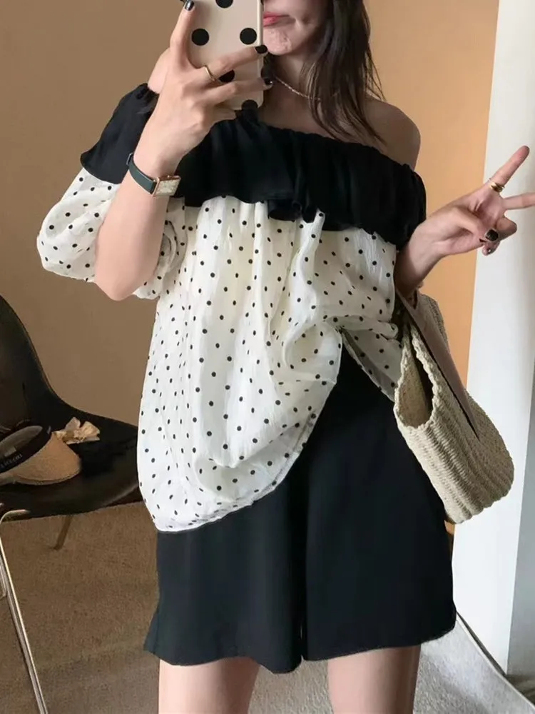 

Summer Two Piece Set Women Short Sleeve Slash Neck Polka Dot Shirt Chiffon Top + Wide-leg Shorts Suits Vintage 2 Piece Outfits