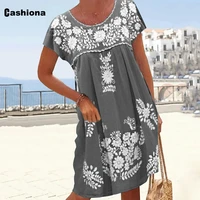 women short sleeve dress oversize ladies bohemian flower print dresses clothing 2022 autumn vintage knee length dress robe femme