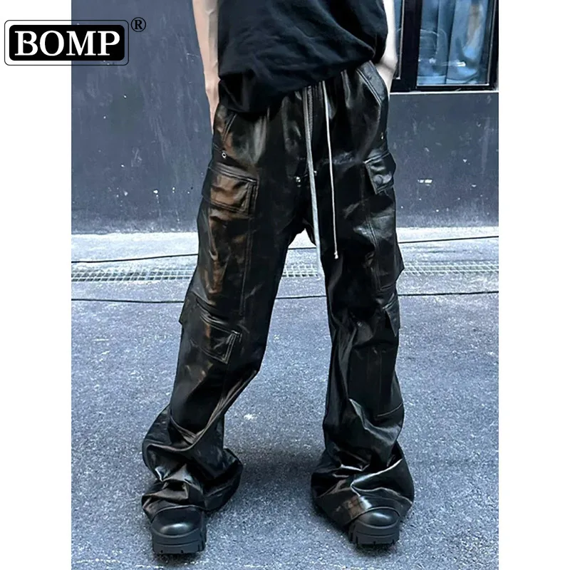 [BOMP] Свободный крой вощеные глянцевые рабочие брюки с несколькими карманами в