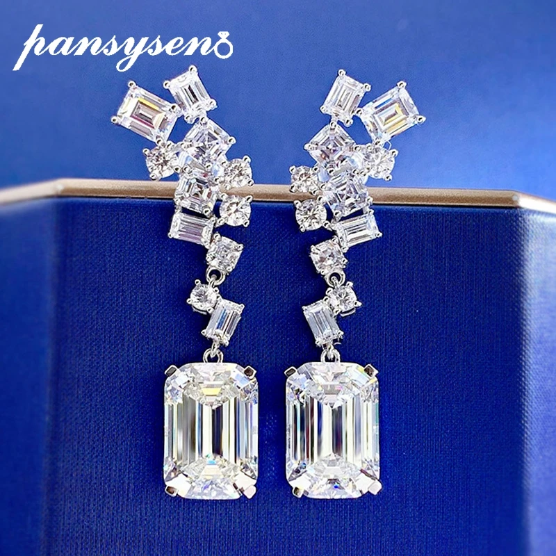 PANSYSEN 925 Sterling Silver 9*13MM Asscher Cut High Carbon Diamond Gemstone Engagement Drop Earrings for Women Fine Jewelry