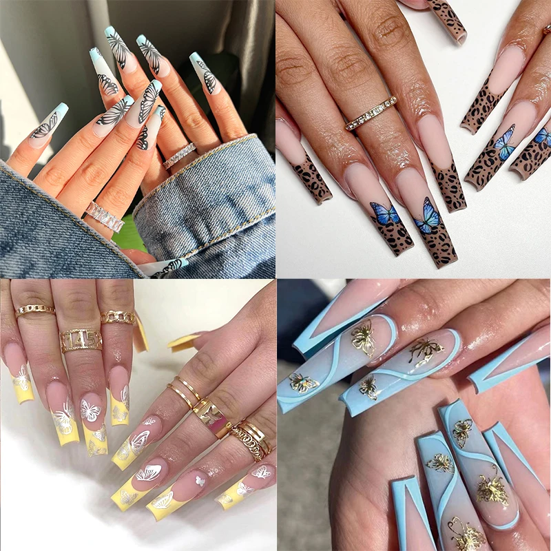 

24PCS Long French Press on Nails Blue Butterfly Fake Nails Leopard Coffin False Nails Ballerrina Stick on Nail for Women Girl