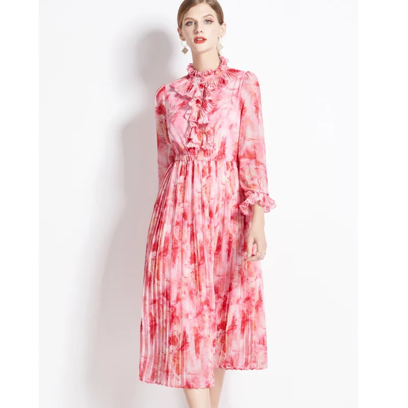 # 2338 Платье миди с рюшами и воротником-стойкой винтажное платье трапециевидной