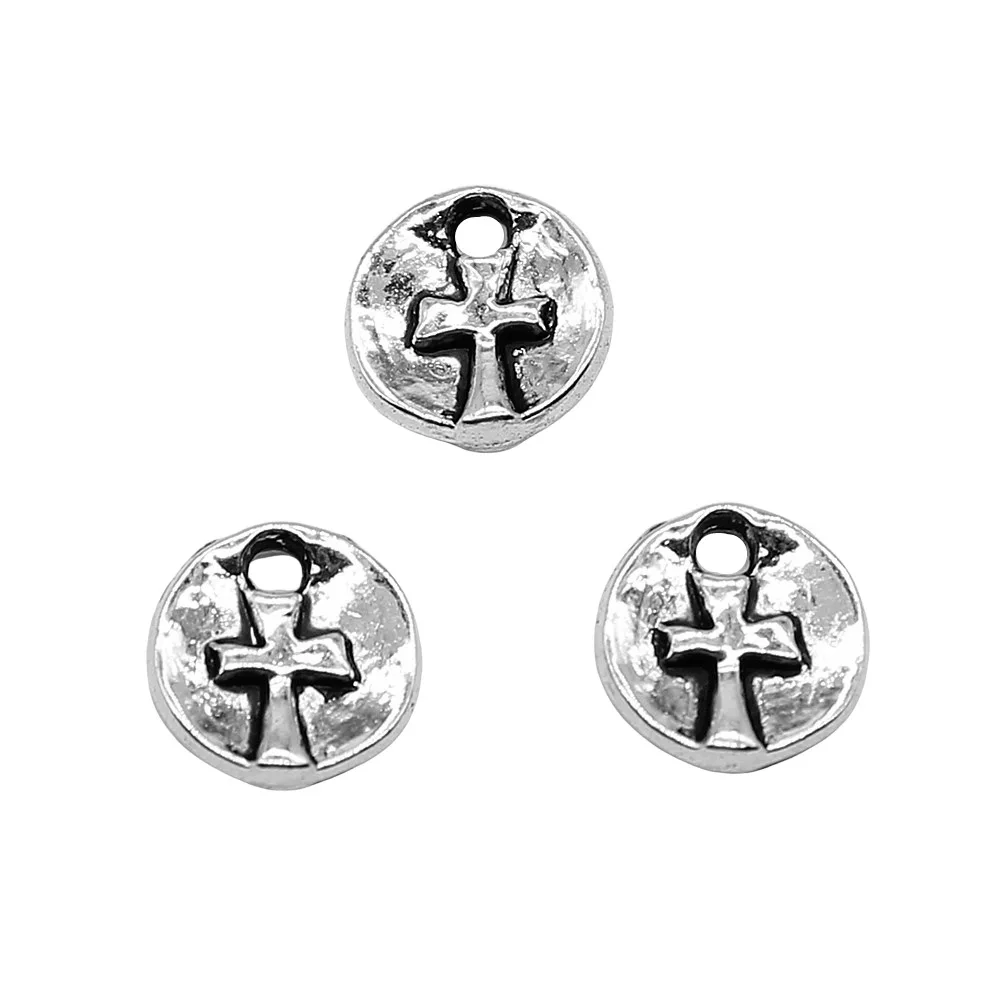 

50Pcs/lot Antique Silver Color Round Cross Tag Charms Pendant Craft for DIY Jewelry Making Accessories 10x10mm