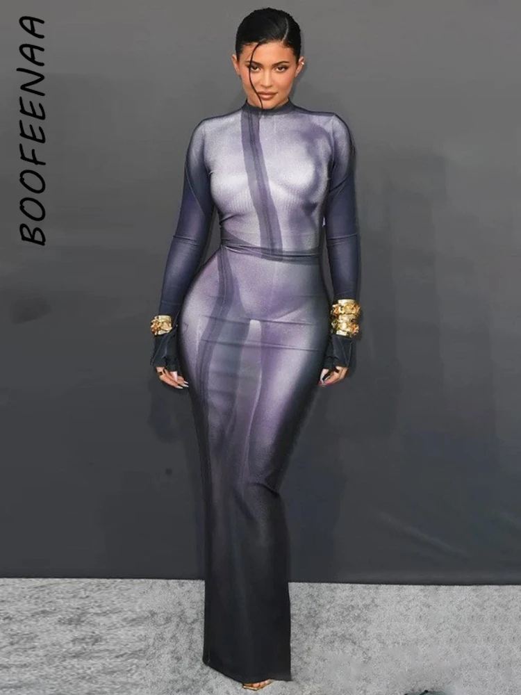 

BOOFEENAA 3D Printed Long Sleeve Maxi Dress Women High Fashion Celebrity Party Outfits Fall 2023 Sexy Bodycon Dress C70-CG29