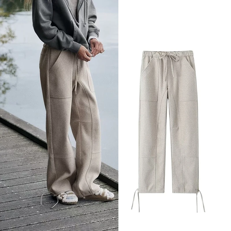 

Зимние женские брюки TRAF, новинка 2023, модные широкие брюки с эластичной высокой талией, женские шикарные уличные теплые длинные брюки