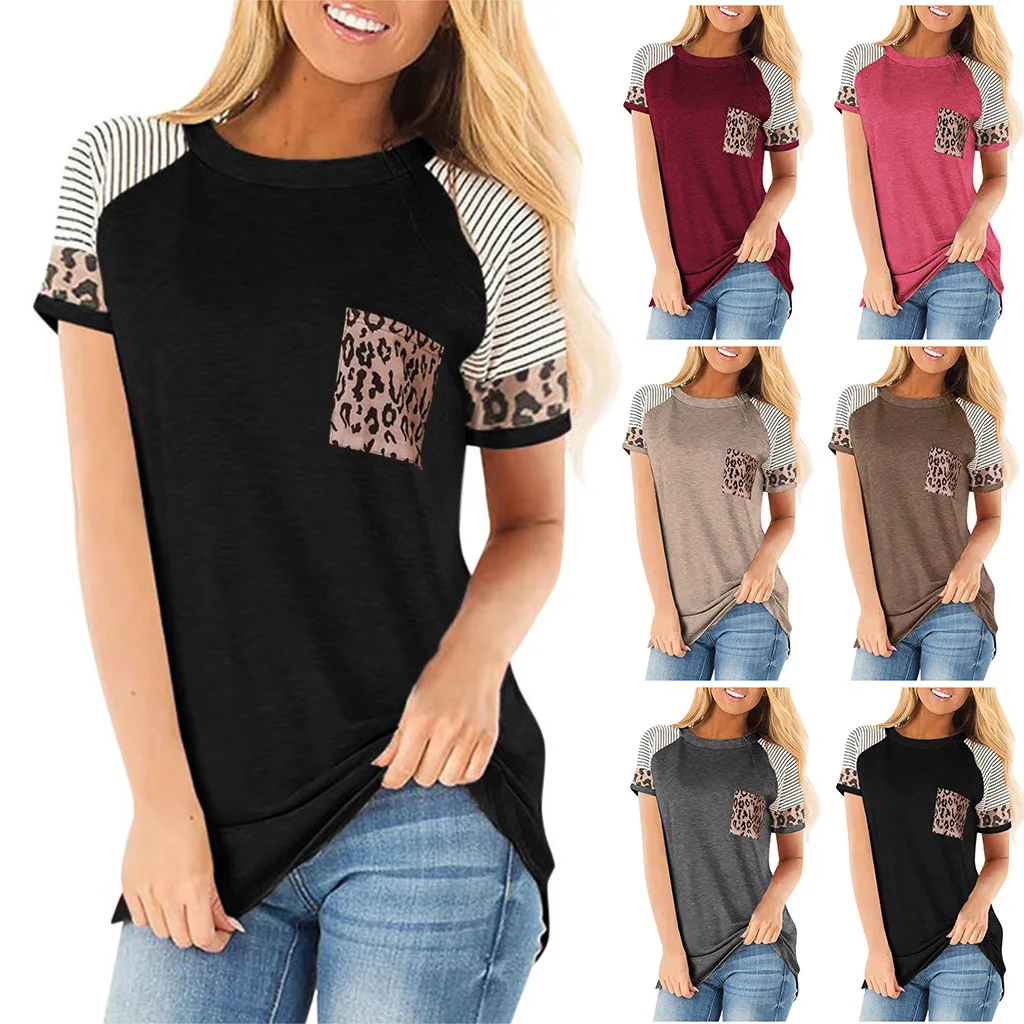Summer T Shirt Women  Sleeve T-shirt Summer O-neck Short Sleeve 2022 Fashion Leopard Pocket Tops Tee Shirts Female Top