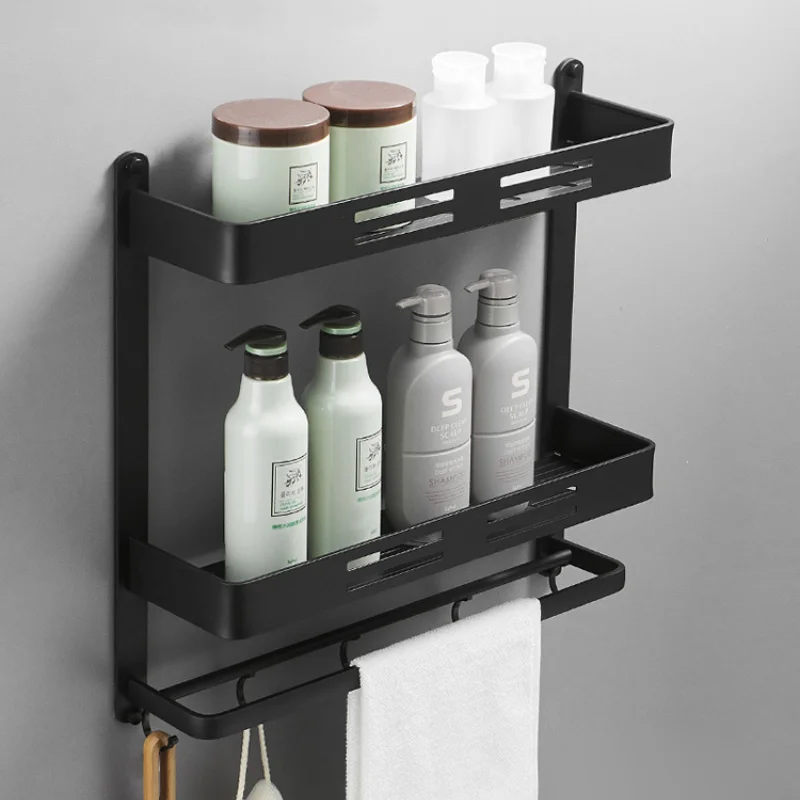 

Space Aluminum Black Bathroom Shelf Free Perforation Wall Hanging Toilet Vanity Towel Storage Wall