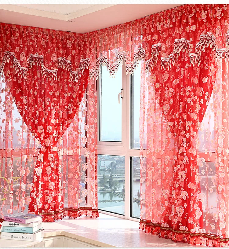 Magic Paste 2 layers Curtains with Beads Korean Floral Door Window Drapes Panel Sheer Holes Free Bedroom Cortina Wedding Decos