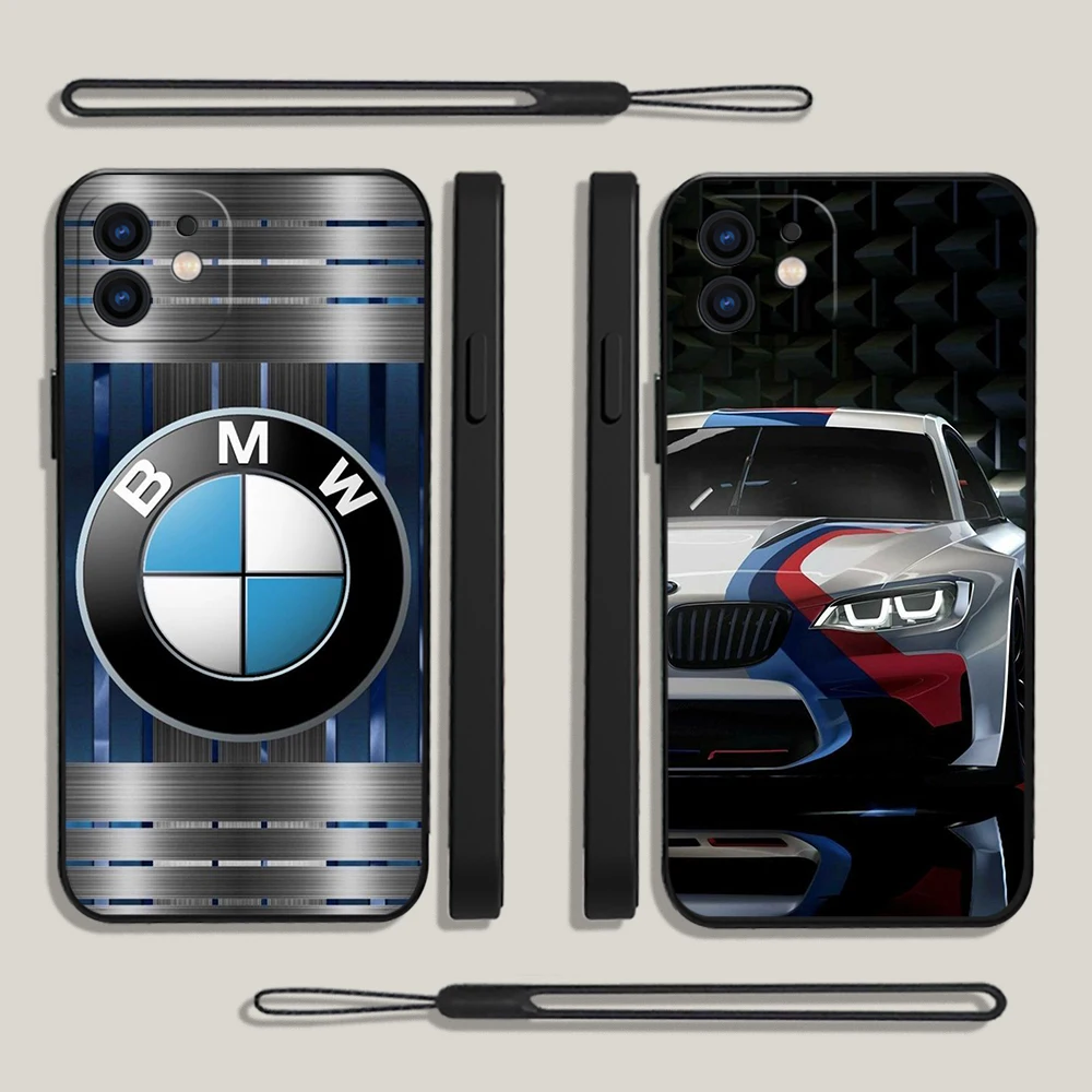 

Fashion BMW Luxury Brand Sports Car Phone Case For iPhone 14 13 12 11 Pro Mini X XR XS MAX Plus Silicone Cases with Hand Strap