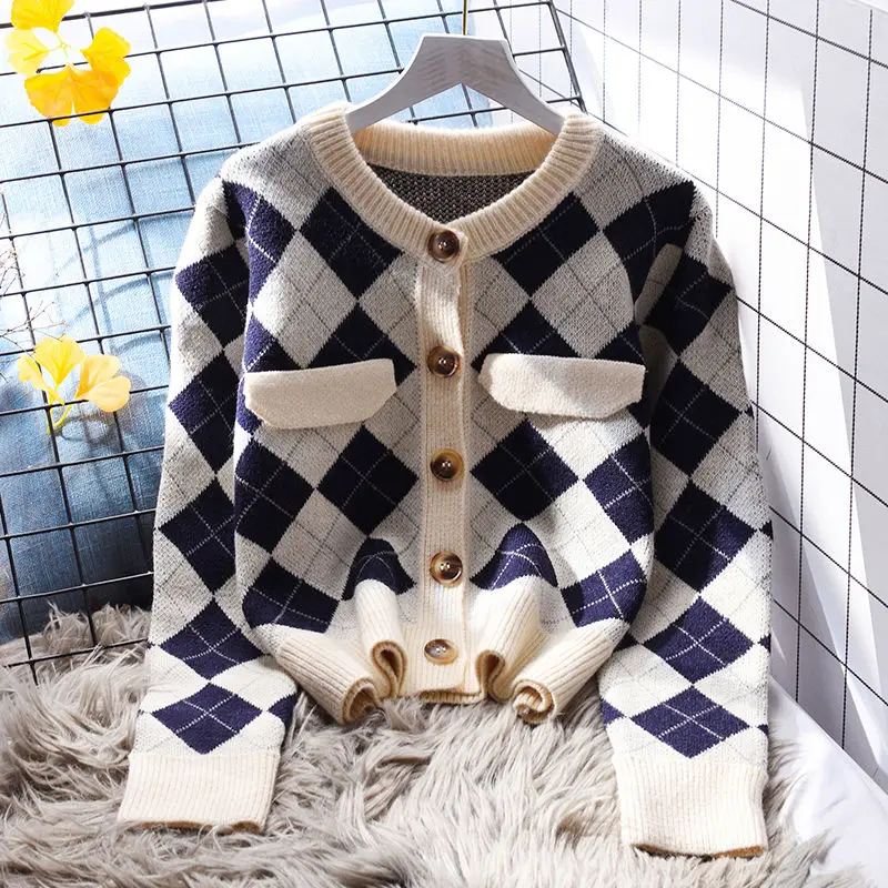 

Укороченный кардиган, женский свитер, вязаное пальто с узором ромбиками, однобортная Корейская шикарная одежда с V-образным вырезом, весна-осень 2023, повседневная одежда D18