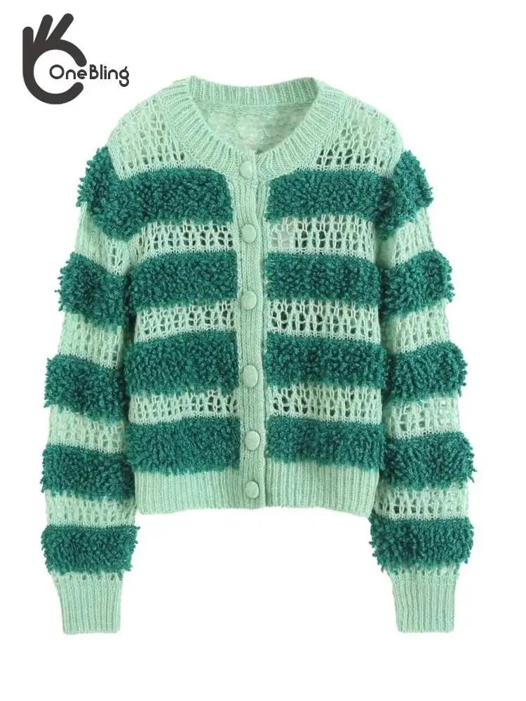 Женский ажурный кардиган OneBling вязаный Зеленый однобортный свитер в полоску с
