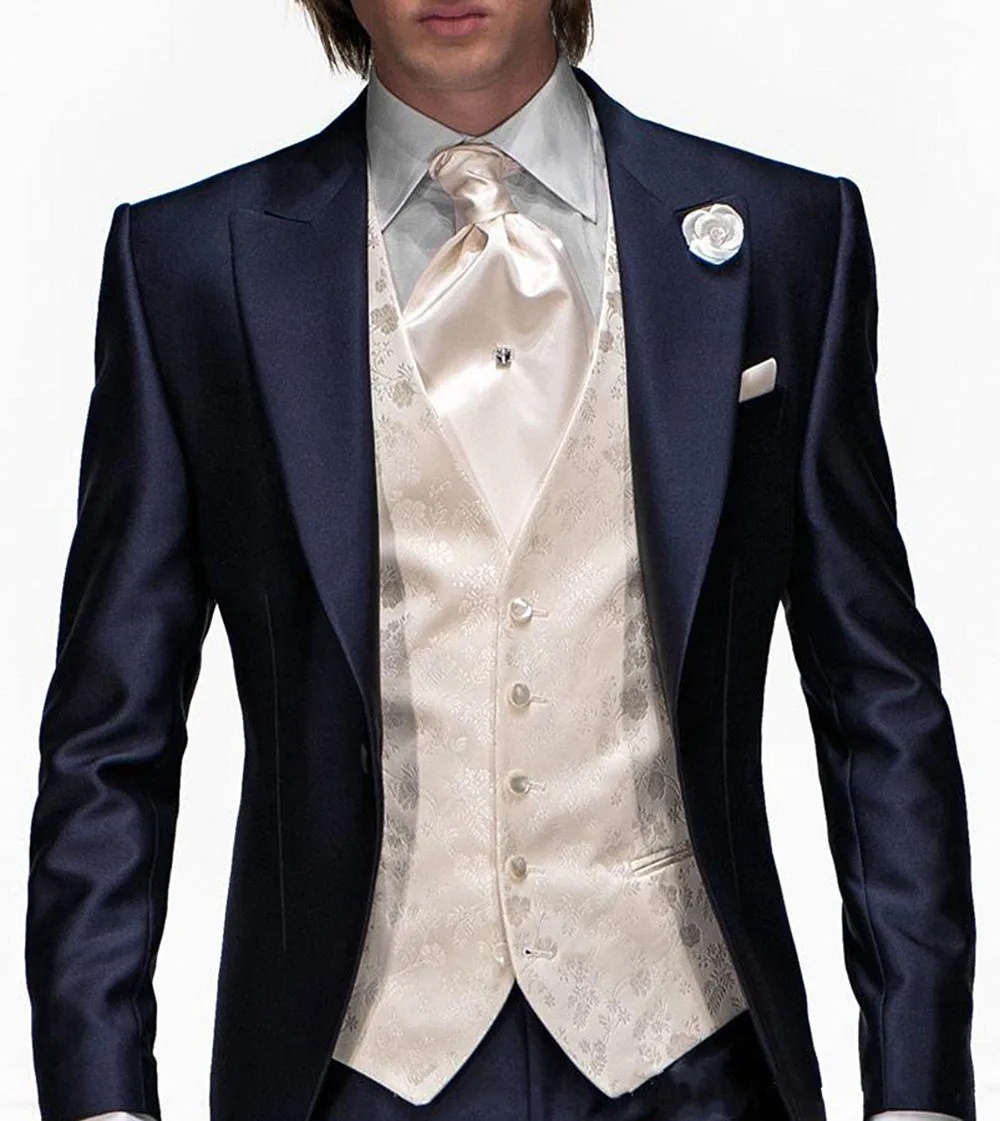 

HOT Peak Lapel Royal Blue Tailcoat Slim Fit Groom Tuxedos Men's Wedding Suits Prom Clothing men suit (Jacket+pants+tie+vest)