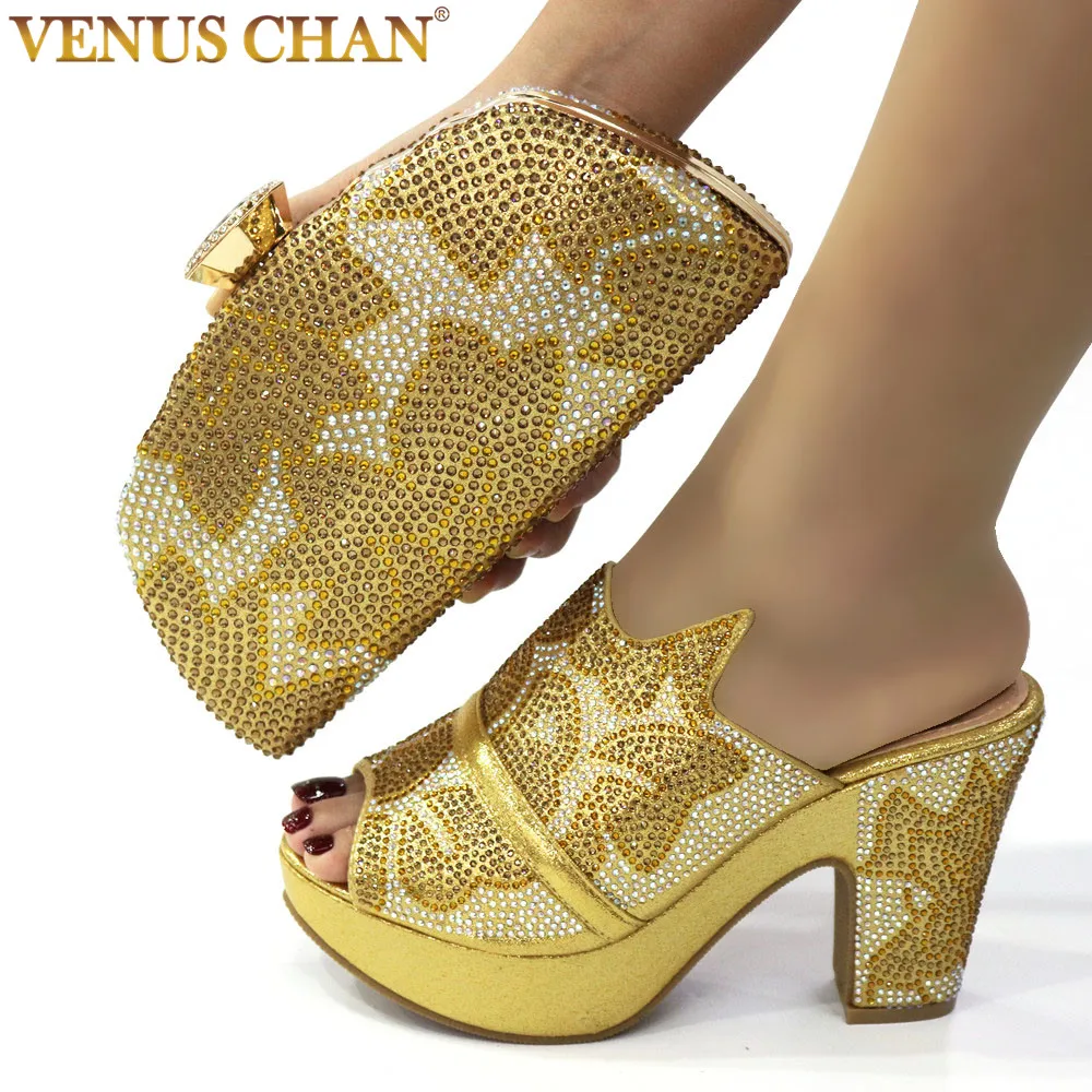 

Golden Elegant Sandals Shoe and Bag to Match Party High Heels Platform Mules Glitter Chunky Shoe with Matching Purse Set Woman