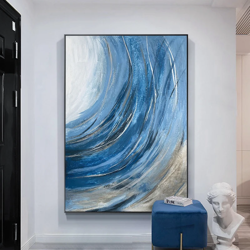 

Синяя картина маслом ручной работы, текстура на холсте, гостиная, ресторан, коридор, роскошная декоративная настенная роспись без рамки