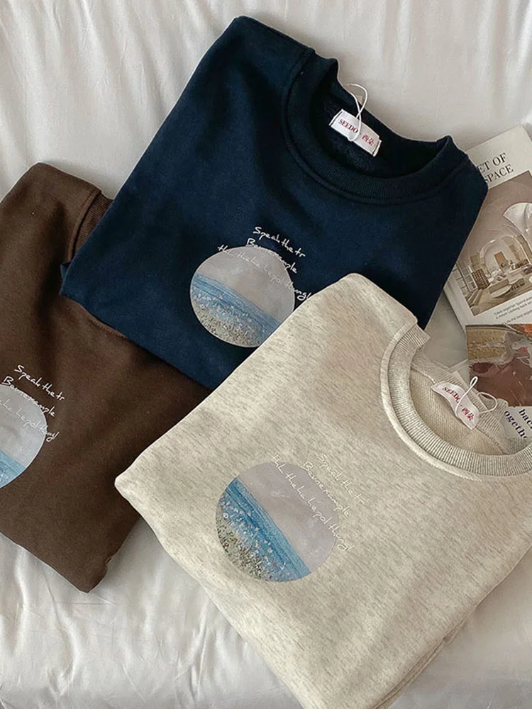 

Landscape Letter Print Sweatshirt Blue Gray Brown Spring Women Pullovers