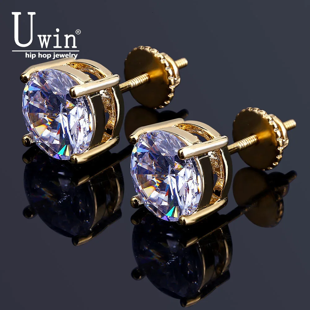 

Серьги-гвоздики Uwin с фианитом, модные ювелирные украшения для ушей в стиле хип-хоп, 8 мм, цвета: золото, серебро, медь