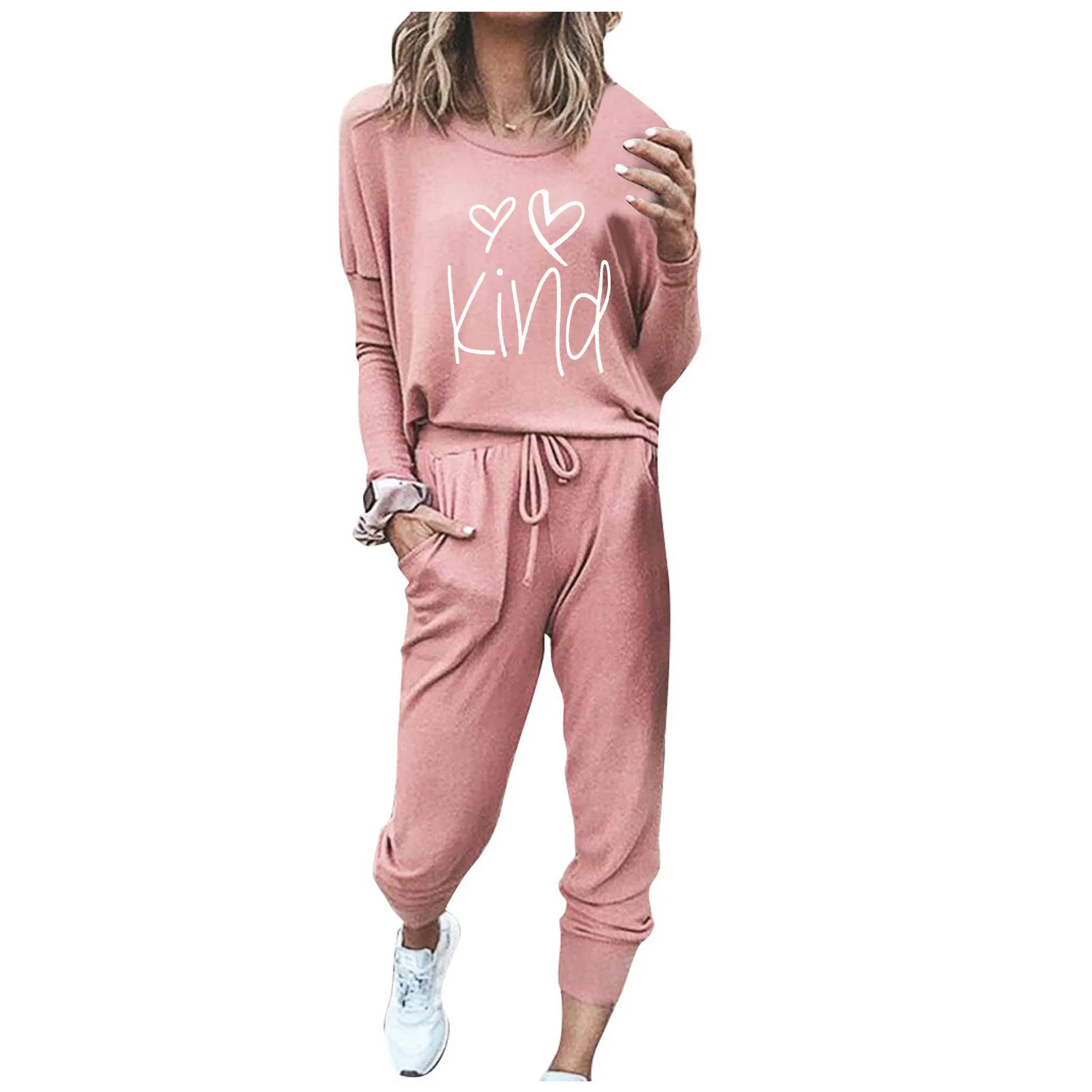 

Fashion Ladies O-neck Solid Pullover Long T-shirt Loose Pants Sweatsuits 2 Piece Sets Summer Women Long Sleeve Tracksuit