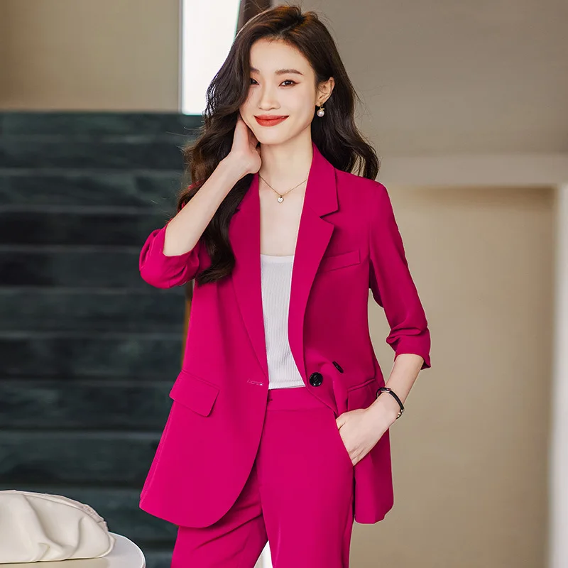 

S-3xl Womens Blazer Suits Spring Summer Female Three Quarter Sleeve Coat+pants 2pcs Sets Solid Business Ladies Outfits Hy155