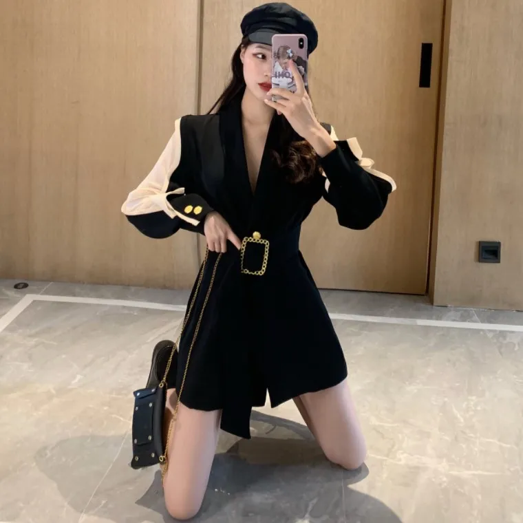 2022 New Solid Color Women Work Blazer Jacket Casual Sashes Loose Suit Jackets Female Oversized Blazer Women Waistband Outwear