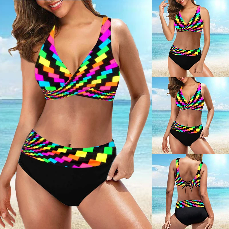 2022 Summer Sexy Bathing Suit Two Pieces Set Bikini Women's Fashion Swimsuit High Waist Beachwear Multi Color Printing Bikini