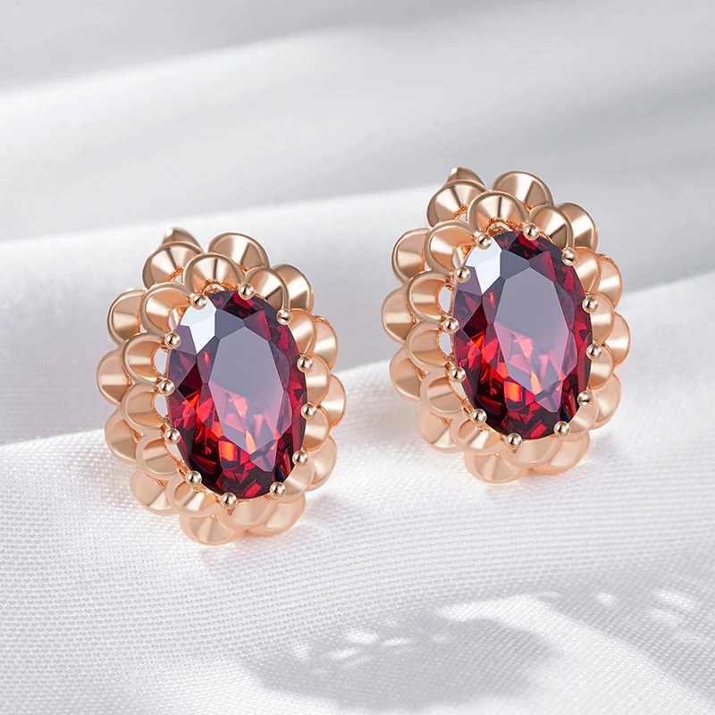 Богемные винтажные овальные большие серьги с красным цирконом 585 золотые женские