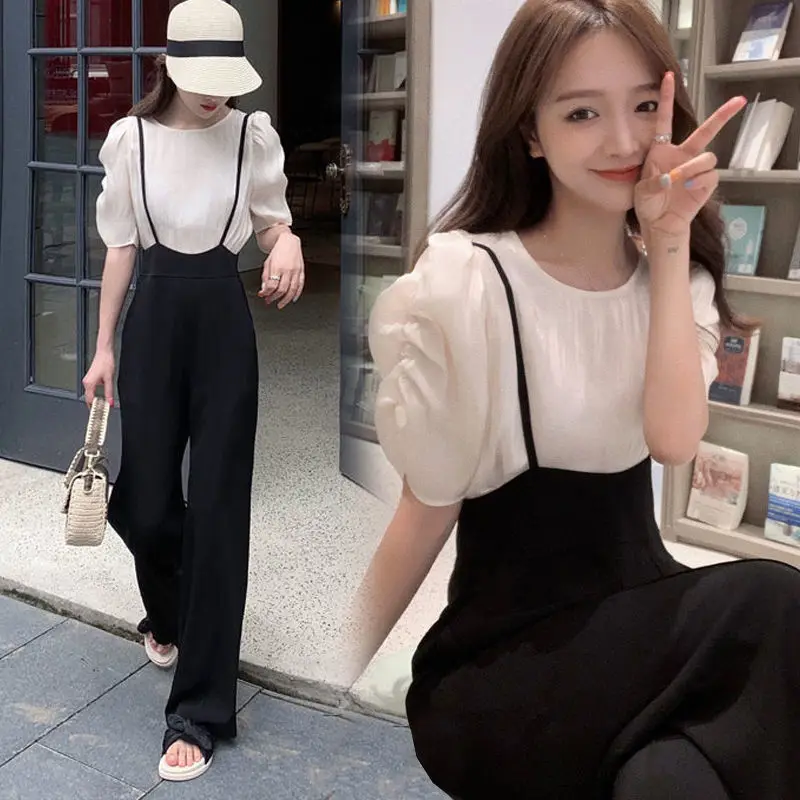 

Women 2022 Summer Puff Sleeve O-neck Shirt + Wide Leg Pants Jumpsuit 2 Piece Sets Female Fashion Temperament Elegant Suits N30