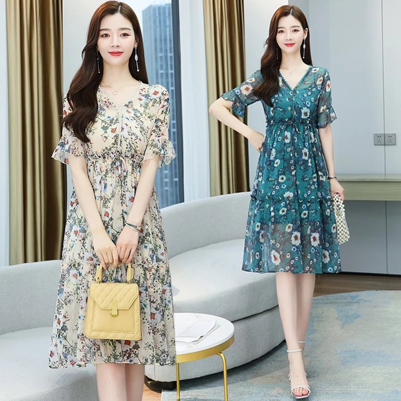 

Make new chiffon dress summer wear women's clothing show thin two-piece temperament in v-neck long broken flower skirt