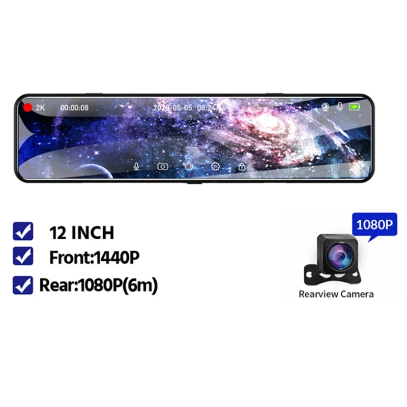 

12 Inch Press Car DVR 2K Mirror Dash Cam Auto Recorder IMX335 Dual Lens Support GPS 1080P Rear Camera