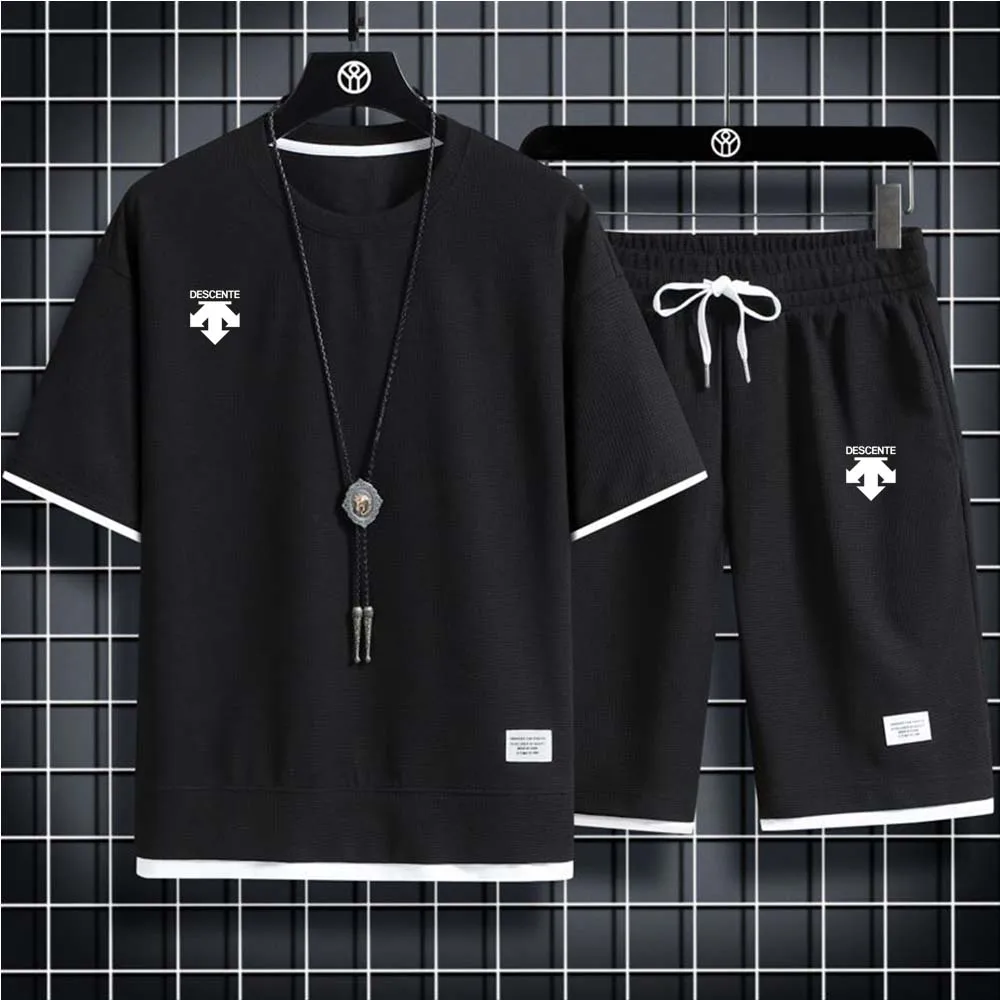 Summer brand new DESCENT men's sports T-shirt + shorts set brand casual breathable jogging pants hip-hop fashion clothing 2023