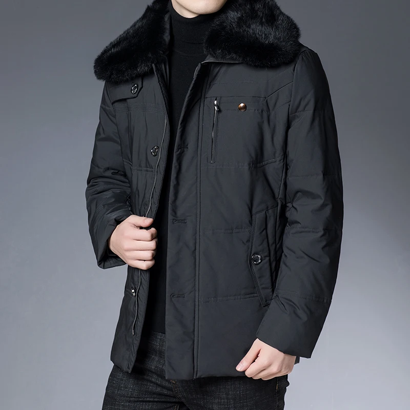 Winter Men Khaki Black Puffer Jackets With Fur Collar Thick Thermal Puff Basic Coat Male Warm Quilted Overcoat Padded Outerwear