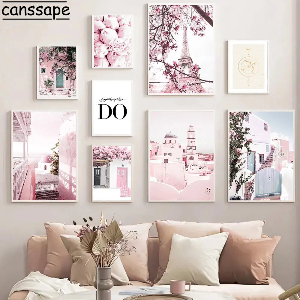 

Настенные плакаты с изображением Парижской башни, настенные картины с цветами, розовые художественные принты, декор для Эгейского моря, ска...