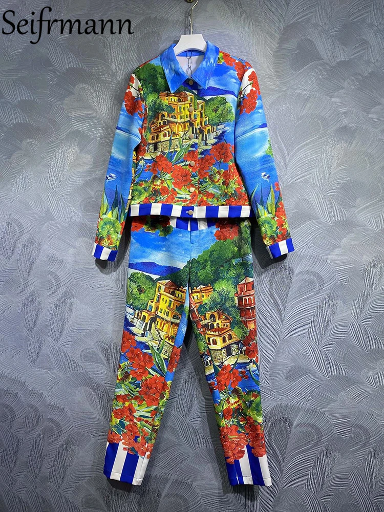 

Seifrmann High Quality Summer Women Fashion Designer Pants Sets Long Sleeve Slim Jacket + High Waist Printed Long Pants Suits