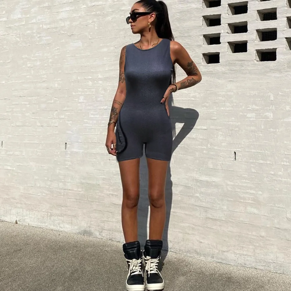 Jumpsuit Women Sexy 2023 Stretchy Denim Bodysuit One Piece O Neck Sleeveless Cargo Jeans Playsuits Zipper Side Pockets