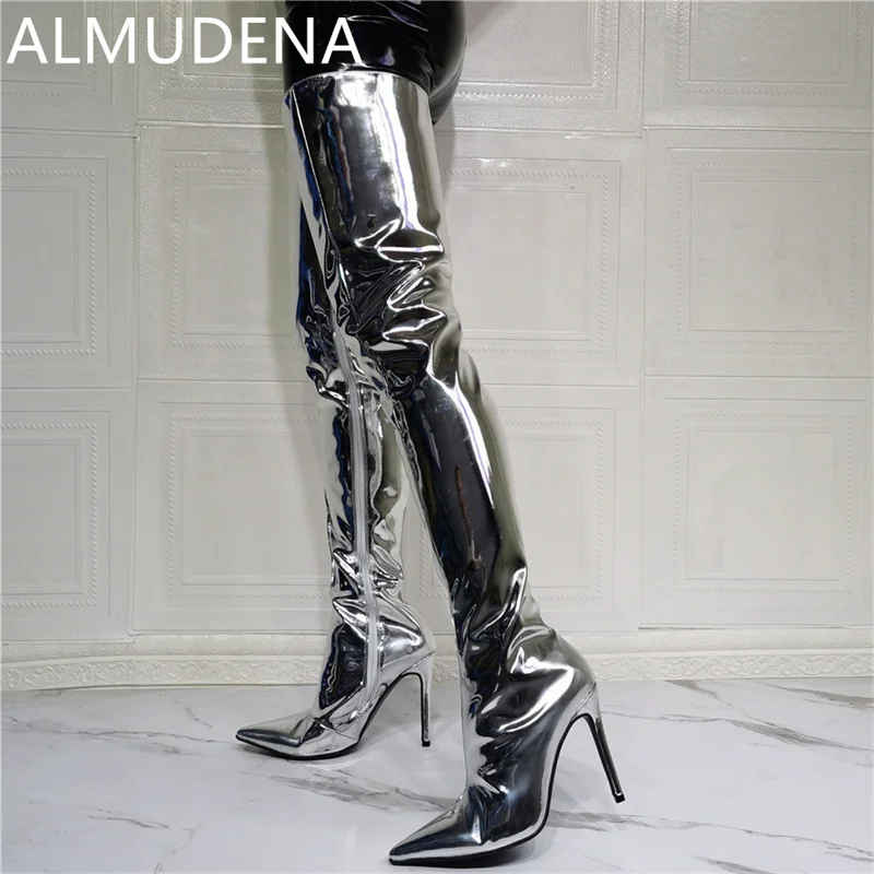 Winter Over The Knee Long Boots Patent Leather Silvery Side Zip Shoes Winter Women Shoe Pointed Toe Super High Heels Modern Shoe