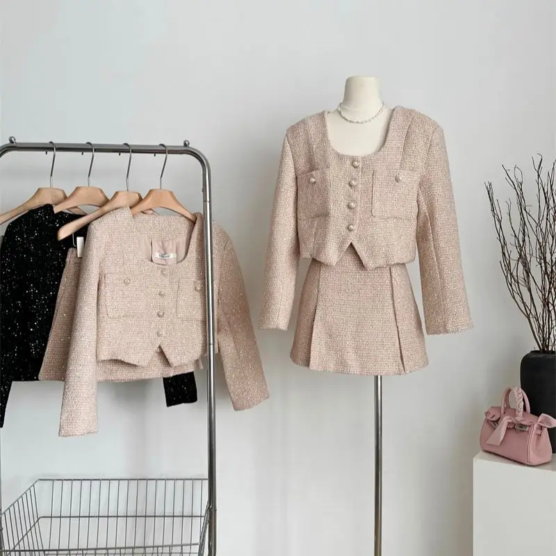 

Женский элегантный костюм из двух предметов, винтажный твидовый пиджак на пуговицах с блестками и жемчужинами и юбка с высокой талией, костюмы Q348