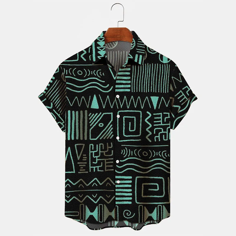 

CharmkpR Tops 2023 New Men's Tribal Printed Style Blouse Casual Streetwear Male All-match Short Sleeve Lapel Button Shirts S-2XL
