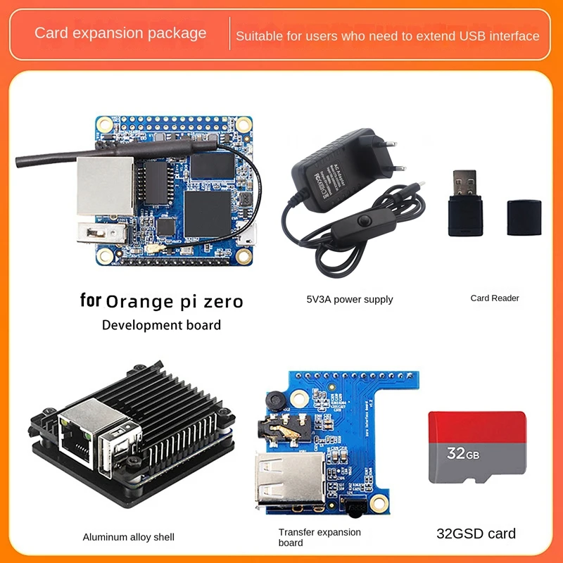 

Для OrangePi Zero Allwinner H3 512 МБ ОЗУ + чехол + карта расширения + питание + SD-карта 32 ГБ + кардридер набор макетной платы, вилка европейского стандарта