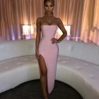 sling pencil skirt fashion trend sexy suspenders leaking back square neck solid color package hip gold silk slit dress female