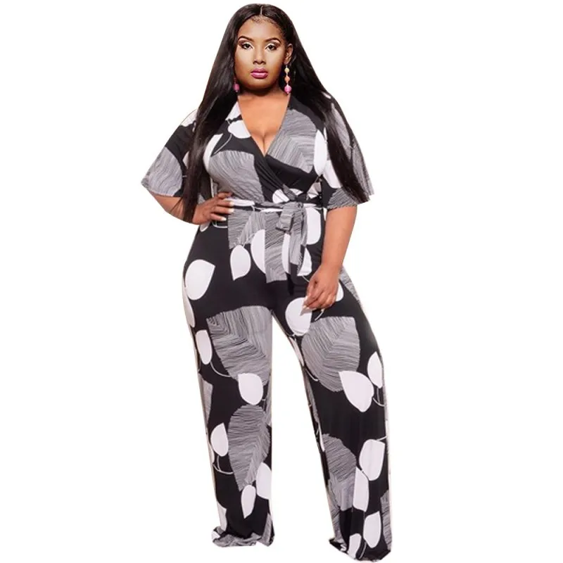 

Wide Leg Pants Jumpsuit Women Half Sleeve V Neck Playsuit Summer New Fashion Print Streetwear Lace Up Empire Jumpsuits Overalls