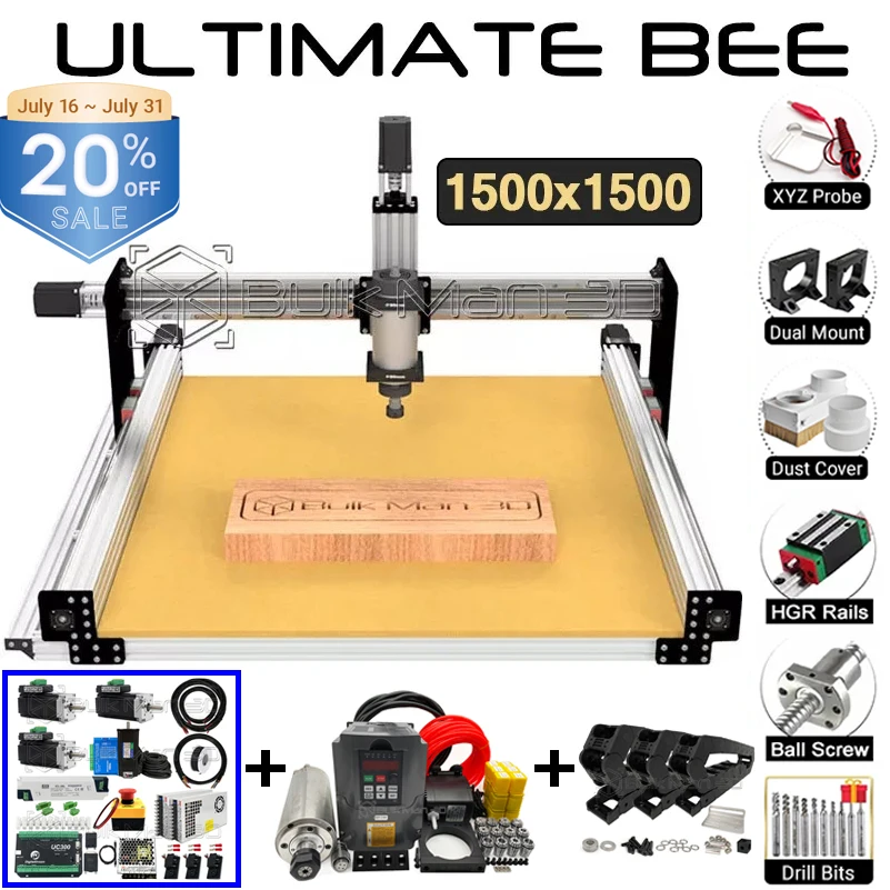 

20%OFF BulkMan 3D 1500x1500mm ULTIMATE Bee CNC Router Machine Full Kit UC300 Controller with IHSV57 180W 3000rpm Servo Motors