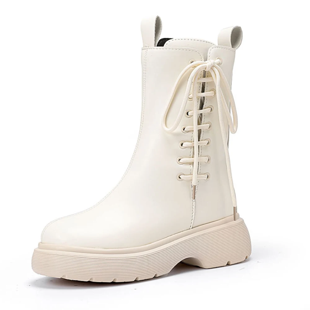 

Lace-up big head thick sole mid-tube Martin boots 2023 women's handsome locomotive show leg thin short boots white shoes