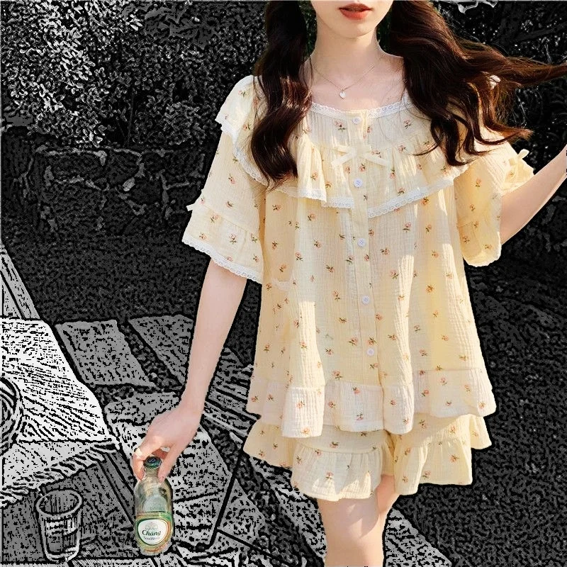 Pajamas Set Women Summer Short Sleeve T-shirt Shorts 2Piece/Set Summer Sweet Plaid Pyjama Big Size Homewear Cozy Sleepwear